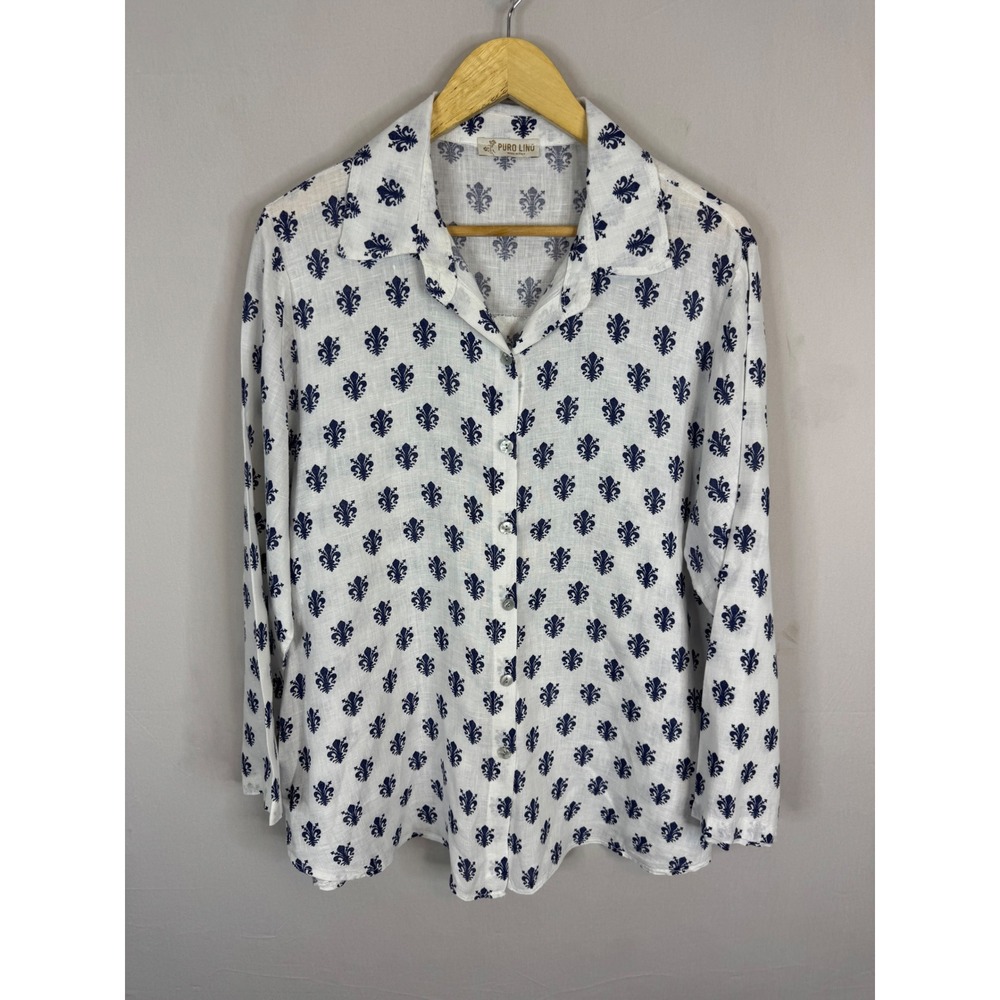Puro Lino Italy 100% Linen Fleur De Lis Print Button Down Shirt White Navy Blue